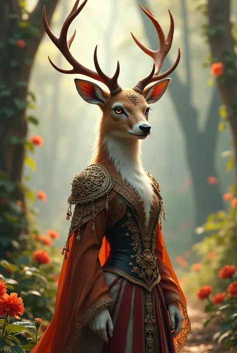 An anthropomorphic female doe, iridescent eyes, furry body, elaborate noble antique forest outfit, dynamic pose, complex fantasy character, in a bright forest city, cinematic lighting, fantasy, magic, detailed background, best quality, HDR, 8k, photorealis...