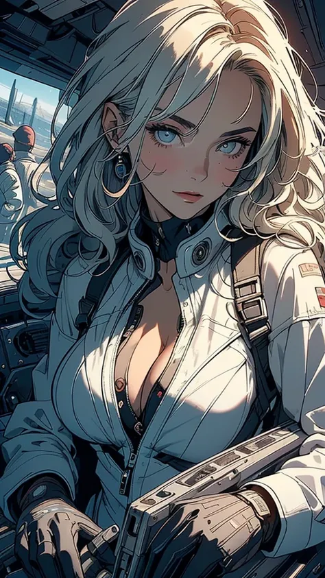 ( best quality),( greatest masterpiece),((( 1 woman:1.2))),(((Alone:1.2))),((( Highly Detailed Faces ))),((( background peeking out of the cockpit is a group of machines that are absolutely too complicated))),(((((Cleavage))))),Galaxy spacesuit , sniper sc...