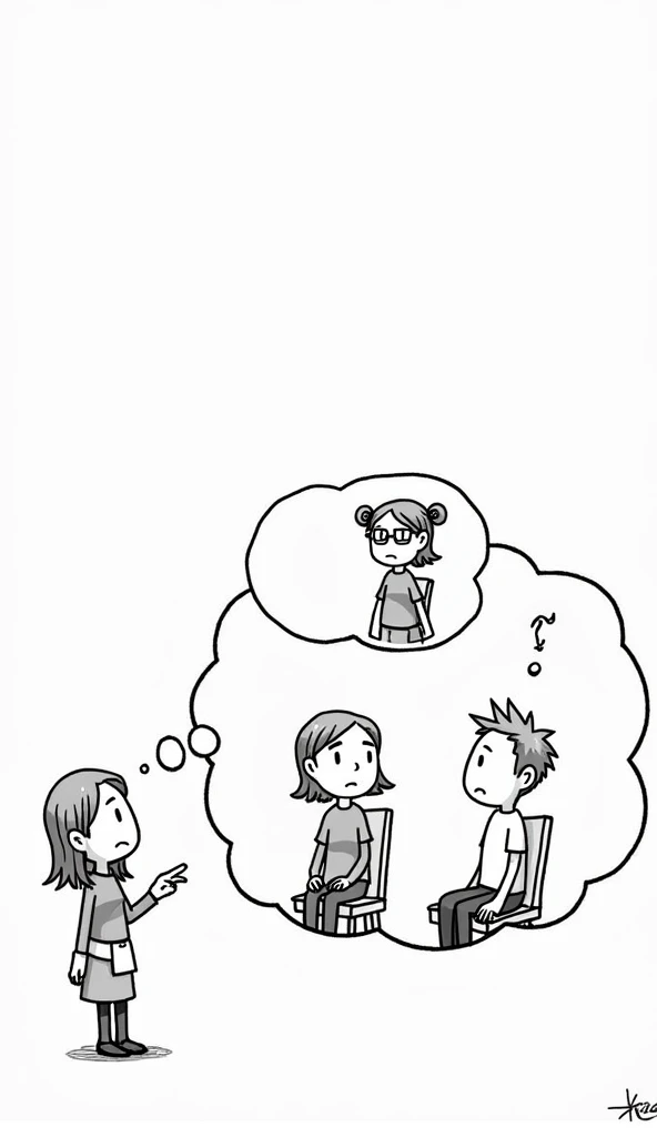 
The image shows a black-and-white cartoon-style illustration. On the left side, there is a character pointing toward a thought bubble that takes up the right side of the image. Inside the thought bubble, there are two seated characters engaged in what app...