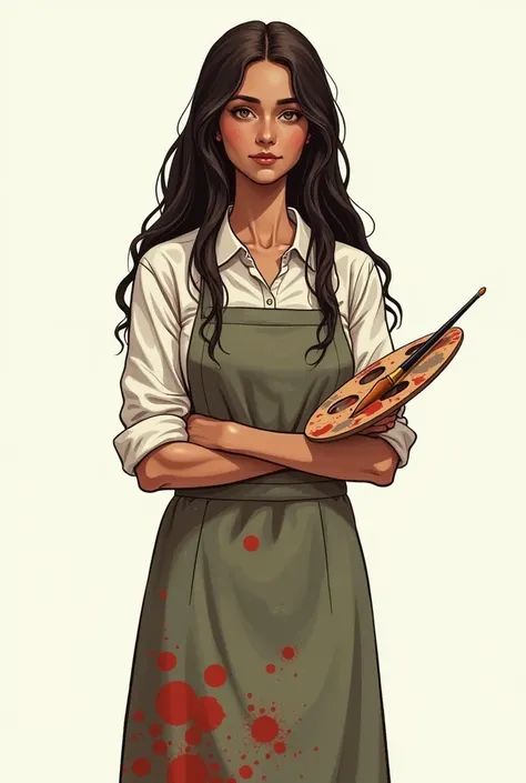 19 years old girl, dark brown long hairs reaching her waist, olive toned, poor, artist girl, wearing long frock and painting apron, holding a paint brush and a pallet, paint stains on her apron, standing, plain background, comic style, detailed image.