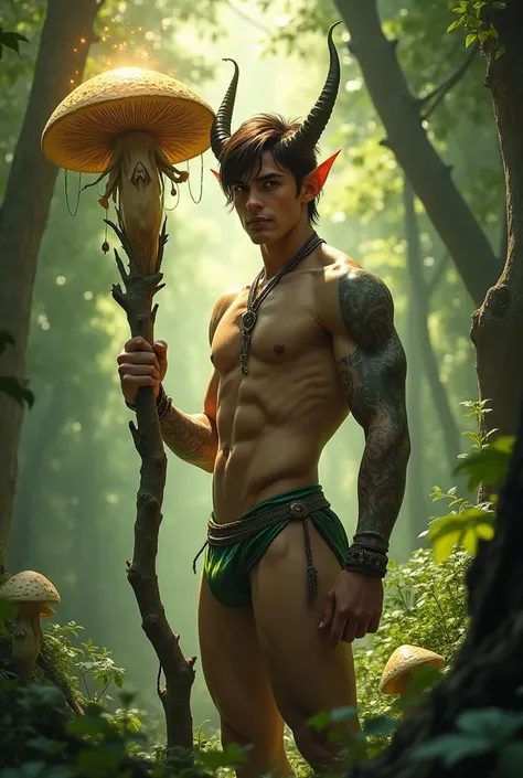 An attractive and realistic druid with short brown hair ,  yellow eyes,  horns on the head, Elf ears,  who wears a tight metallic green lycra thong with prominent male crotches and raises his staff shaped like a tree branch to summon a naked muscular male ...