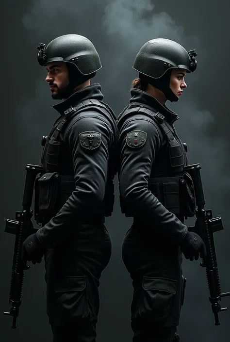 Two soldiers in black camouflage .  One woman and one man .  A black background with light smoke.  They will stand on their backs and back to back. Both Turkish soldiers .  Have a gun in their hands  