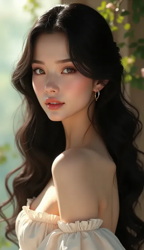 Create a photorealistic image of a Caucasian woman embodying classical beauty. She has porcelain fair skin that glows softly, clear blue eyes that sparkle with depth and emotion, and very dark black hair that cascades in elegant waves down her back. The wo...