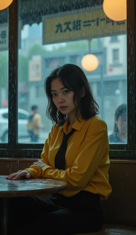 A girl of 25 years old in a yelow shirt and black tie is sitting at a table in a summer cafe, rain is pouring on her, rainy weather outside