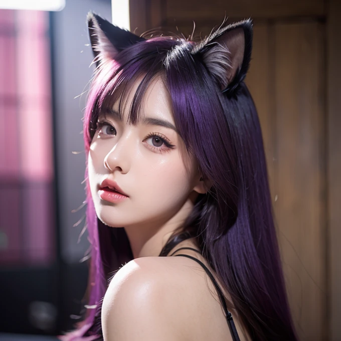   sex,  cat ears  ,   purple hair  ,Purple eyes, big,Touch your chest from behind.,sex 하는, nipples,  ahegao,semen