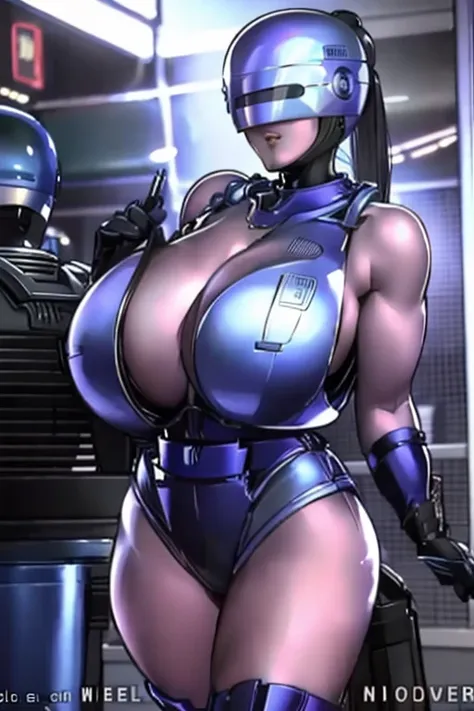 (    best quality ), (Overall view)   Huagai with a cool and charming face  ,RoboCop Armor      , Robocop helmet ,        beautiful and sexy young woman , 18 years old,        Toned and Muscular      ,  Cool and charming    ,    sharp eye, Big Breasts