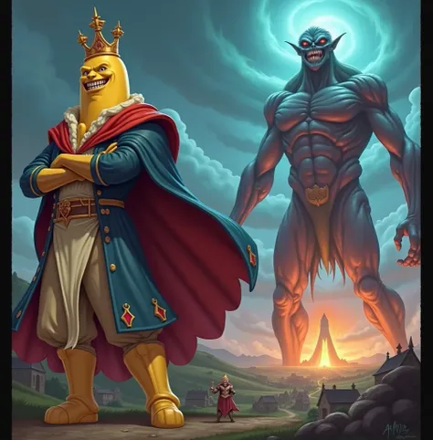 The giant alien monster towering over the banana king and the village, laughing menacingly while the sky turns dark and stormy." same like image 