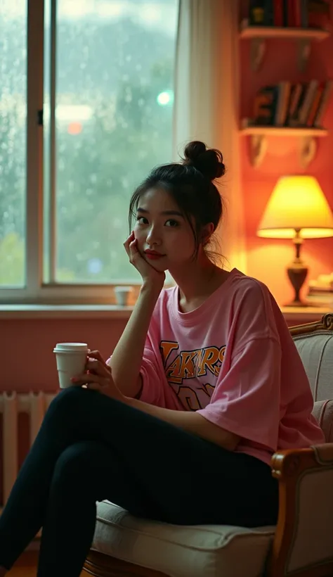 Grainy, low-saturation film aesthetics with soft textures and muted colors, evoking the look of old films. Faded tones and nostalgic, retro atmospheres, Fine film grain and gaussian noise add texture,A 25 year old Korean woman with bun hair, wearing a loos...