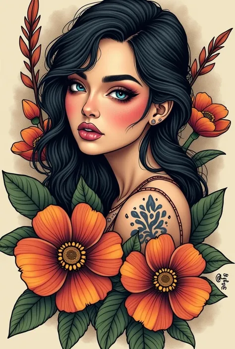 create a tattoo in the neo traditional style, of a gypsy with two flowers in 4k quality