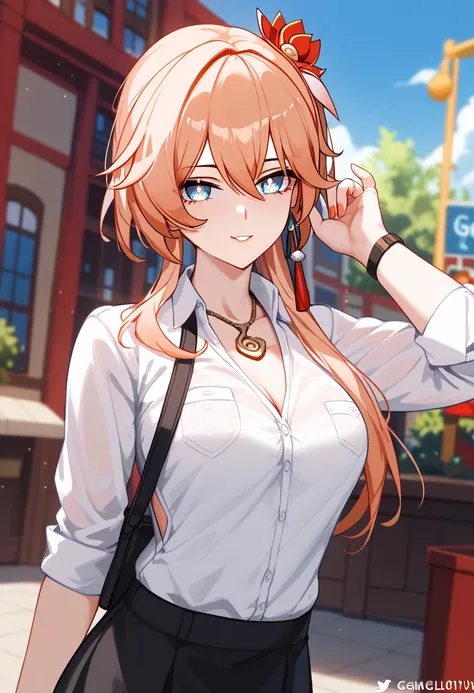 Guinaifen (honkai: star rail),  Business shirts、black Skirt、necklace、random expression、 random angles、random pose, cowboy shot、sexy Lip、Translucent skin， the skin is fair 、Moist eyes、Gentle eyes、Gentle look, solo,  outdoor、
BREAK
high definition , masterpi...