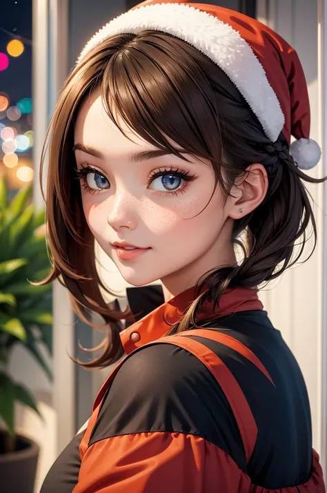 20 year old woman, european, dark auburn hair, braided updo, thin waist, wide hips, midnight, dark room, dim lighting, side bangs, nose blush, dimples, freckles, naughty christmas costume