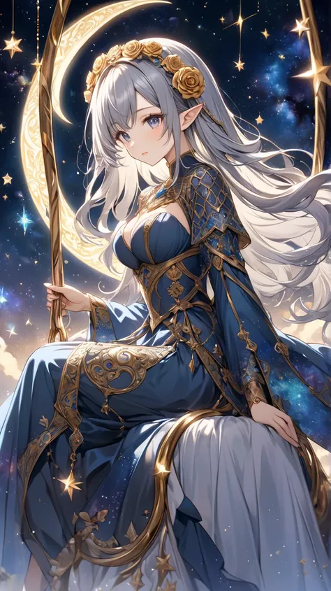 8k⒉5D Anime Style, depicts a mysterious beautiful girl character with long flowing hair and pointed ears, sitting gracefully on the crescent moon. Surrounds her with a breathtaking background of the sky filled with sparkling stars and swirling nebula. It f...