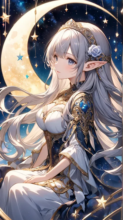 8k⒉5D Anime Style, depicts a mysterious beautiful girl character with long flowing hair and pointed ears, sitting gracefully on the crescent moon. Surrounds her with a breathtaking background of the sky filled with sparkling stars and swirling nebula. It f...