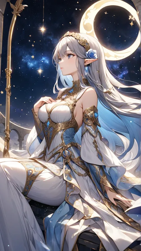 8k⒉5D Anime Style, depicts a mysterious beautiful girl character with long flowing hair and pointed ears, sitting gracefully on the crescent moon. Surrounds her with a breathtaking background of the sky filled with sparkling stars and swirling nebula. It f...