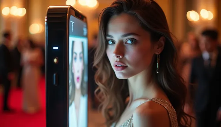  A stunning brunette woman , with striking blue eyes,  is entering a glamorous event , like a gala ball .  She is positioned about 1 meter away from a futuristic facial recognition totem, smaller and longer ,  looking directly at the camera of the device ....