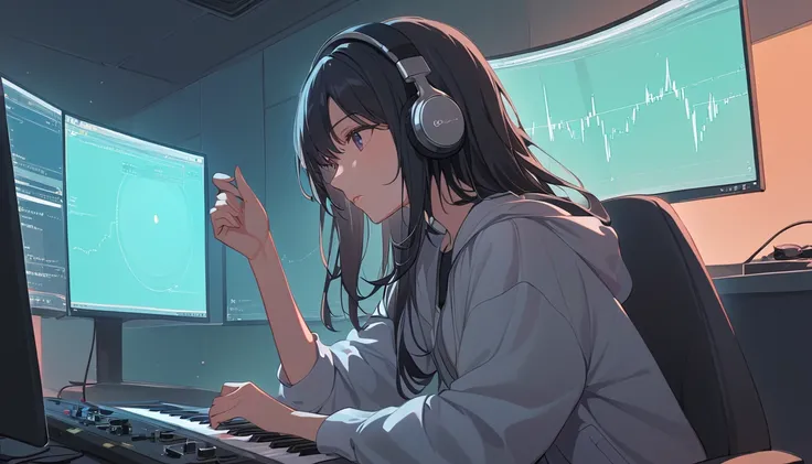 A woman with long black hair listens to music on headphones "Lo-fi hip-hop" A rhythmic track useful for late-night work is playing in Bangalores IT park