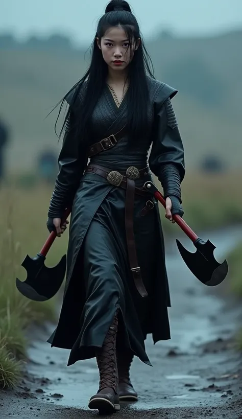 Create A Beautiful Young Mongolia Woman Warrior Standing In Fighting Pose, Wearing Black Leather Warrior Suite, Heavy Rain, Wet Hairs, Purple Eyes, Unreal White Skin, Holding Two Axes In Hands Ready To Fight, Long Black Hairs, Unreal Beauty Mongolian Face,...