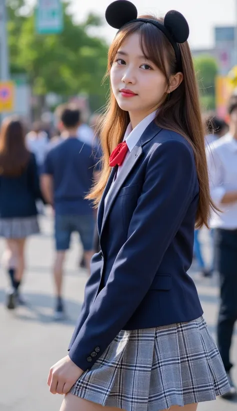 (realistic,photorealistic,photo-realistic 1.37),beautiful young school girls,japanese beautiful girls,beautiful face and eyes,high school uniforms,navy blue blazers,plaid skirts,detailed face and eyes,photorealistic,detailed texture,4K,8k, highres icon,(ma...