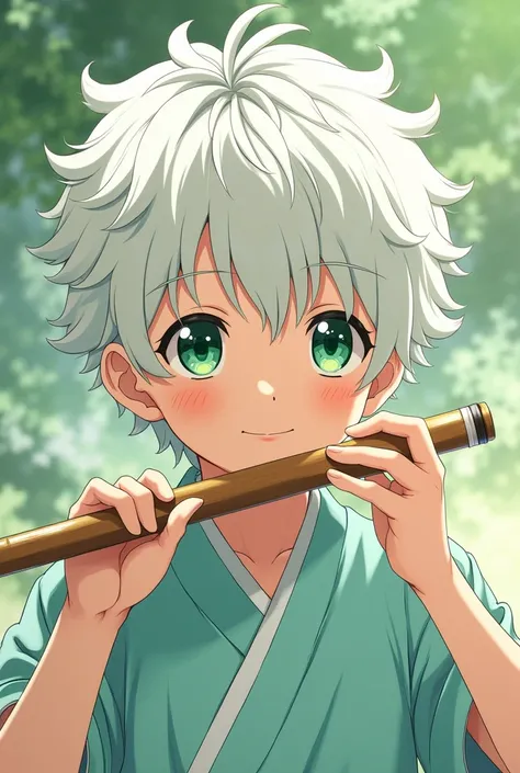 White Silver Foot , Green eye,  Japanese anime pictures,  A smiling boy with a beautiful and clean face, The boy who blows the flute , About  