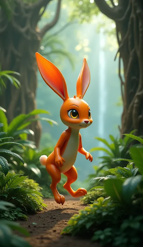 A fantasy hybrid of a rabbit and a carrot, with long ears resembling carrot stalks and a sleek body blending orange and white shades. The creature has playful, glowing eyes and hops amidst a dense jungle environment. Towering trees with massive roots, colo...