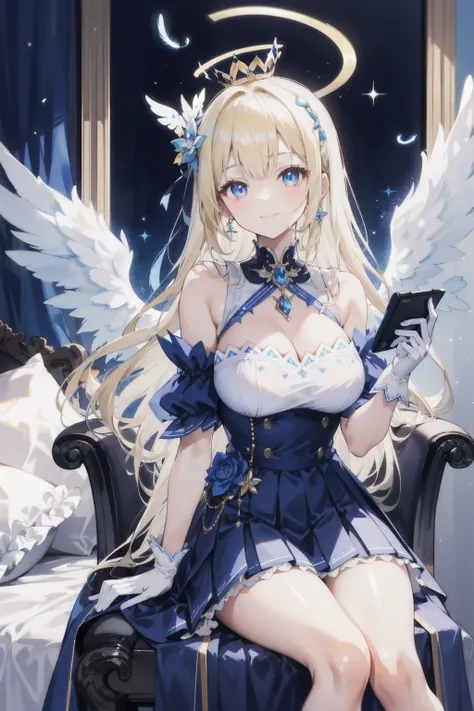 Modern style bedroom ， She is wearing a blue and white off-the-shoulder pleated dress {x} A charming blonde angel sitting on a bedroom chair playing a game console，  Her long hair is adorned with delicate hair accessories  ，She has blue eyes and a big smil...