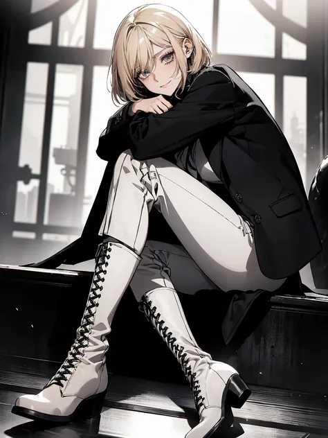 (Confused,  high resolution on down,  very detailed), 1 female, Blonde,Bob Hair,Crimson Eyes, black and white formal,20th Generation,Beauty,young,thin,Quiet,Calm, Little Smiles ,Long jacket,slender and , boots, skinny pants,observatory