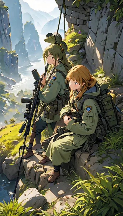  best quality、  Masterpiece 、(( Highly Detailed CG Integrated 8K Wallpaper)), On a Small Cliff 、(((２ female students )))、((( Female Spotter 、Female Sniper)))、2 Person Cell :1.2、 Sniper and Spotter :1.2、((( Spotter Observing 、 Napping Sniper )))、Ghillie Sui...