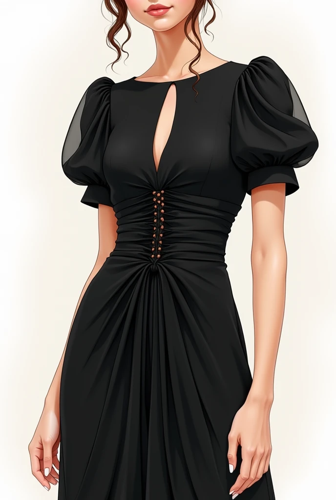 Black dress puff sleeves keywhole neck and drapes in the waist from upper and inner  illustration 