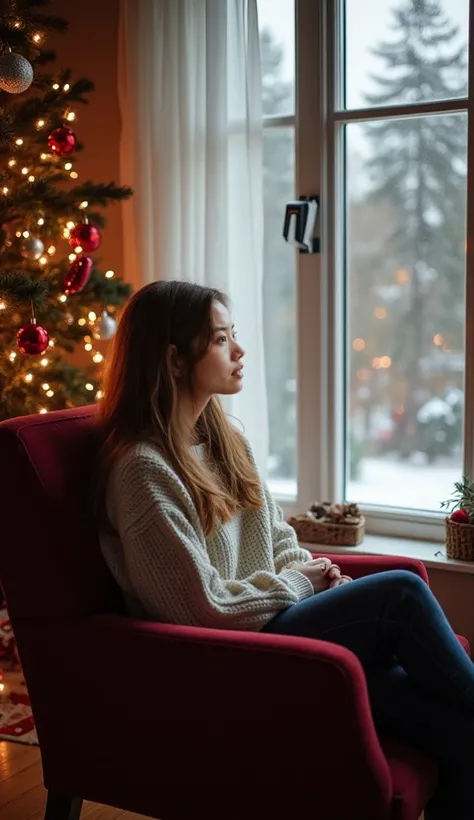 A young woman sitting in an armchair looking out the window at Christmas.