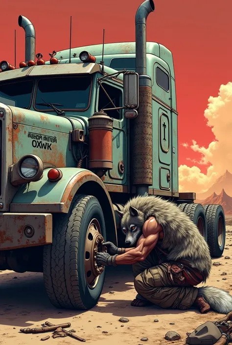 Anthropomorphic Iberian wolf male fixing his big rig in mad max theme in anime style 