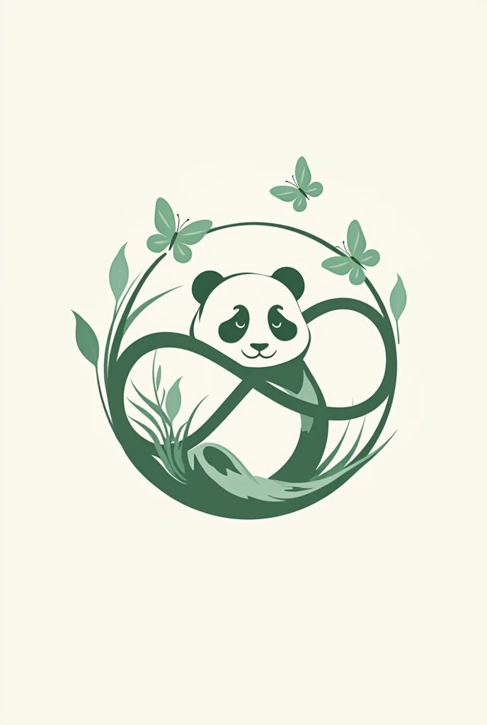  circular logo with panda-shaped lines, an infinity and butterflies 