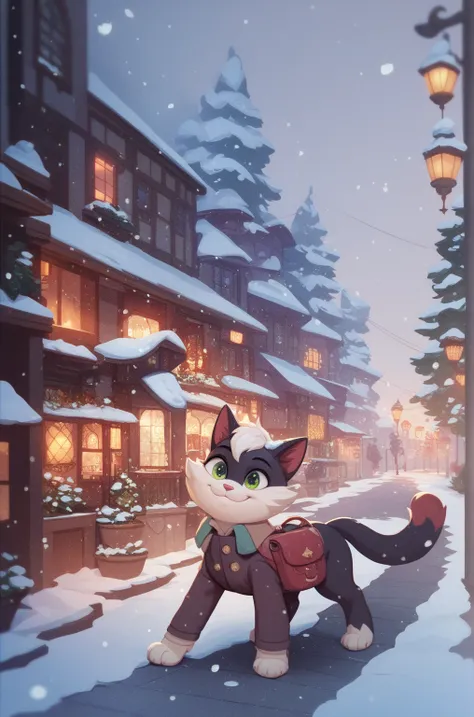 Smiling Cat,Residential Street,Snowfall,Snowfall, high definition , masterpiece,  Anatomically Correct,  very detailed,  Ultra High Definition, front,up,