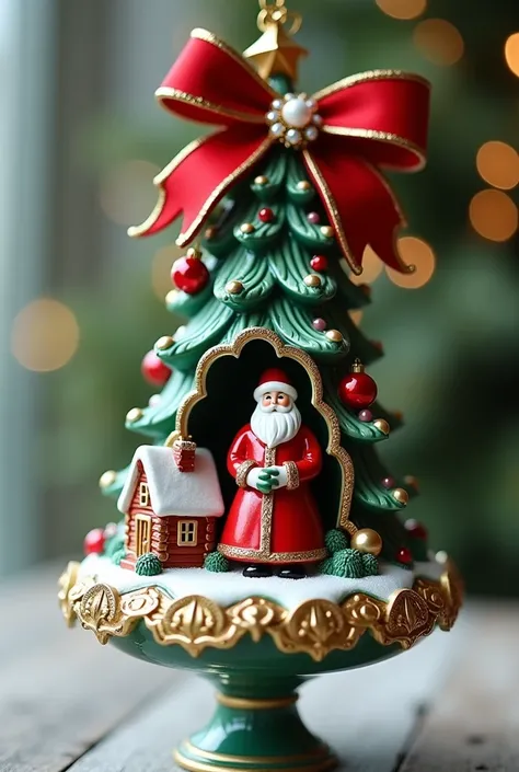 This is a gorgeous vintage style Christmas bell ornament with incredibly detailed craftsmanship. It features a three-dimensional Christmas tree design with many intricate elements:

The tree itself appears to be made of painted porcelain or resin in rich g...