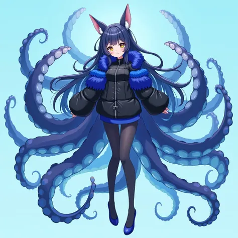 anime, 1 girl, long hair, bluish black hair, pointed ears, long arms, long legs, eight octopus tails, super big breasts, wearing a furry black and blue jacket, cristal blue, High Resolution, UHD, 8k, Best Quality, 