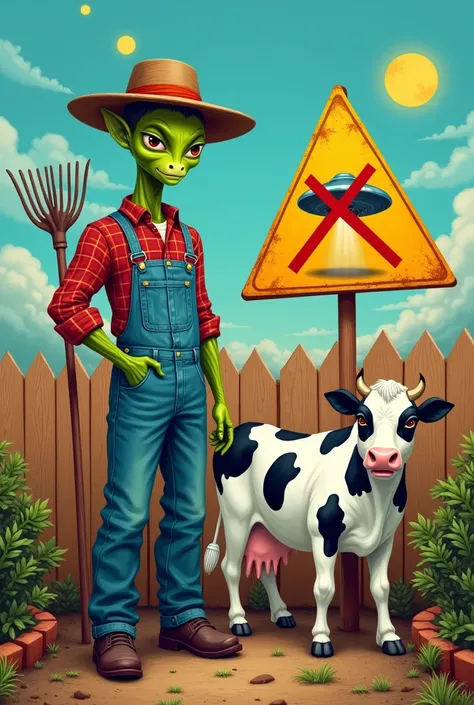 imagine a pattern:
The picture depicts an ET farmer . The ET has a classic straw hat, farmer clothes (worn denim overalls and a plaid shirt), and he holds a rake in one hand. He is standing next to a dairy cow,  with black and white spots , who looks relax...