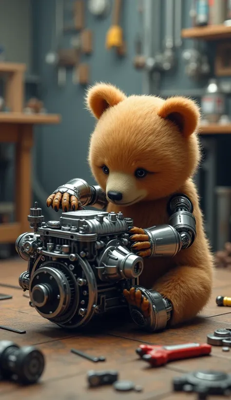 little brown bear cub sitting making V12 engine.  little brown bear cub has part body, legs are robot. In advanced mechanical workshop