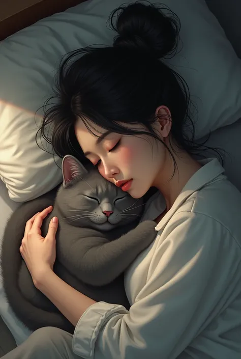 Woman with hair tied up sleeping with a gray cat