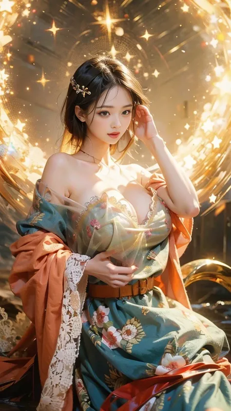 4，(((1 girl, Beautiful girl, bishoujo，(cleavage:1.2)，((Shiny skin)，( fine hair:1.0)),  (Lace:1.2)， slim， perfect ，Big breasts，Thin waist，posing sensual, in the style of high dynamic range, kawaii art,  exotic realism、(Rich expressions)，(Strapless:1.2)，(ope...