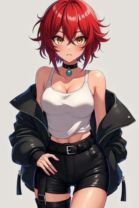  screenshot Boku No Hero ,  18 year old girl,  short and messy crimson red hair ,  squinted eyes gold color ,  serious expression .  Semi-transparent sleeveless white blouse clothing, tight black leather shorts ,  loose-fitting black leather boots and jack...