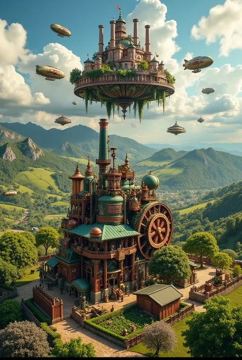 A vibrant steampunk world featuring a mechanical farm, with intricate gears and steam-powered machinery. Above, a floating city with brass and copper structures, surrounded by lush green fields and rolling hills. The sky is filled with airships and clouds,...