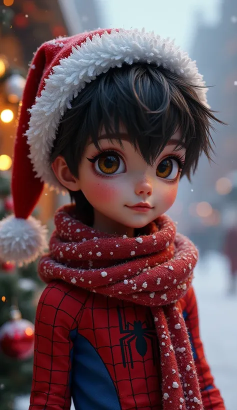 spiderman, santa hat, snowman scarf, christmas, 1boy, beautiful detailed eyes, beautiful detailed lips, extremely detailed face, long eyelashes, christmas lights, ornaments, snow, winter, (best quality,4k,8k,highres,masterpiece:1.2),ultra-detailed,(realist...