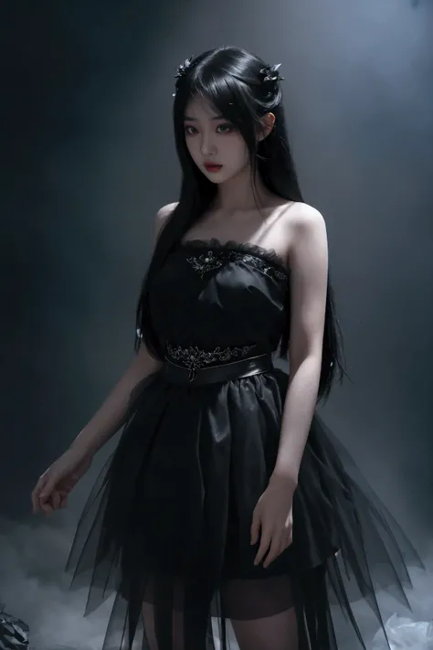 UHD, 8k, ultra detailed, an Asian girl ， a cinematic photograph of Dark Fantasy Art, a girl with Tulle skirt,making eye contact,  moody, dark fantasy style, beautiful lighting, great composition