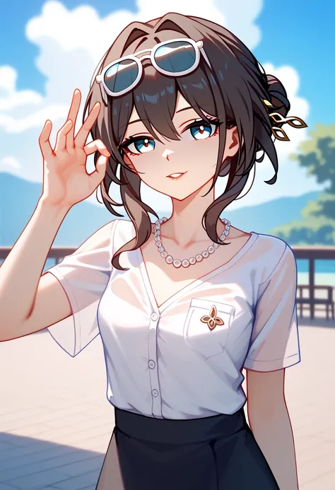 ruan mei (honkai: star rail),  Business shirts、black Skirt、necklace、Small breasts、slender body、random expression、 random angles、random pose, cowboy shot、sexy Lip、Translucent skin， the skin is fair 、Moist eyes、Gentle eyes、Gentle look, solo,  outdoor、
BREAK
...