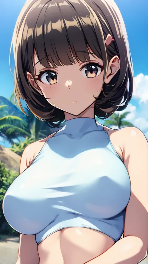  one young woman 、(LOL)、((masterpiece、 high definition 、16k))、((Very thin white swimsuit))、(Very close:1.5)、Tropical Beach、( concentrating on upper body :1.5)、( Sexy Poses :1.5)