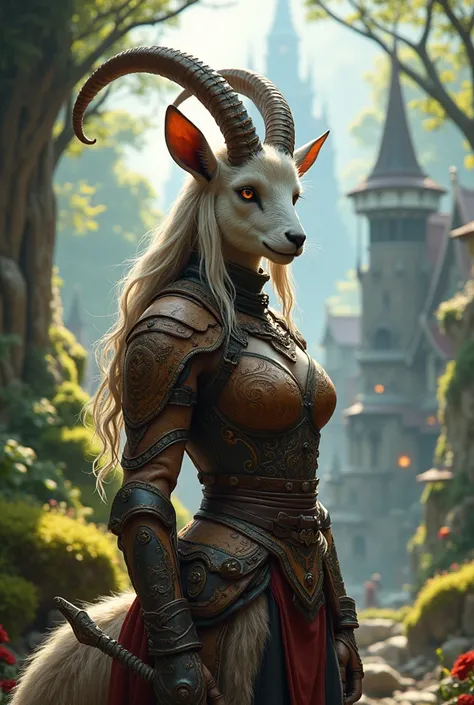 An anthropomorphic female goat, furry body, antique leather woodland armor, dynamic pose, complex fantasy character, in a bright forest city, cinematic lighting, fantasy, magic, detailed background, best quality, HDR, 8k, photorealistic, RAW photo, highly ...