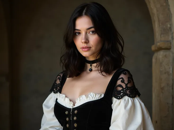 Jennifer from Wergenberg ,  The Enchantress from The Witcher 3 Universe.  beautiful woman, European woman. 25 years old.   dress with shoulder length black wavy hair, dressed in black and white , Medieval lace .  Black choker with an obsidian star around h...