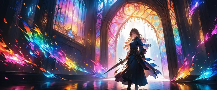 Open the door to a dark fantasy world, Spreading beyond the door、Dazzling fantasy world, Too dazzling backlight, Transparent holographic lighting seeps inward, Colorful light adds color to the background, avoiding completely silhouetted subjects, Extremely...