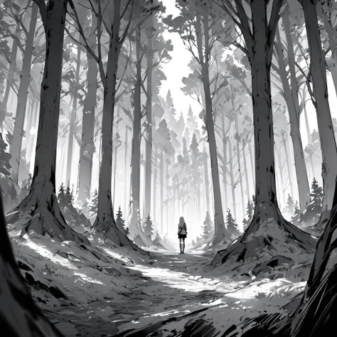 monochrome, drawn with milli-pen, landscape, in forest, lot of trees, fantasy,