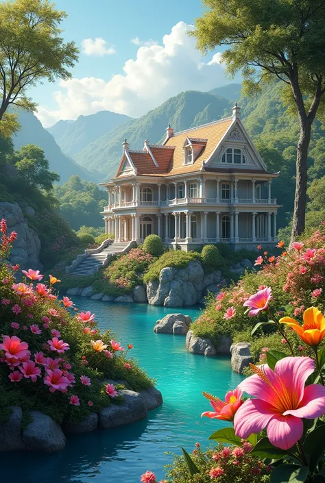 Beautiful landscape with exotic flowers and a beautiful house