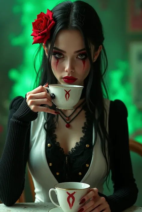 
*Arlecna, Satans girlfriend. She looks more like a human than a demon, with a perfect slim body, long black and white hair tied low with a red rose clip, sharp black eyes and an X for her pupils red. Arlecna is always calm and strict, she wears a black sw...